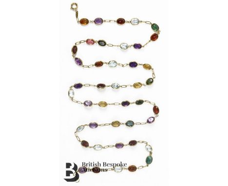 18ct yellow gold spectacle necklace, set with forty two semi-precious stones including amethyst, garnet, topaz, sapphire, cit