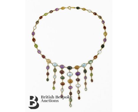 18ct yellow gold drop necklace, set with sixty two semi-precious stones including amethyst, garnet ,topaz, sapphire ,citrine,