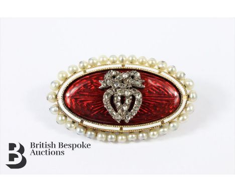 Victorian oval sweetheart brooch, two hearts entwined surmounted by a bow, set with thirty one diamonds on a red and white en