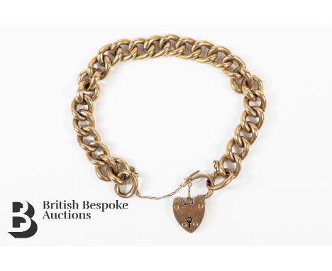 9ct gold bracelet (each link stamped 9ct) with heart-shaped hallmarked padlock, approx 14.2 gms, approx 15 cms in length comp