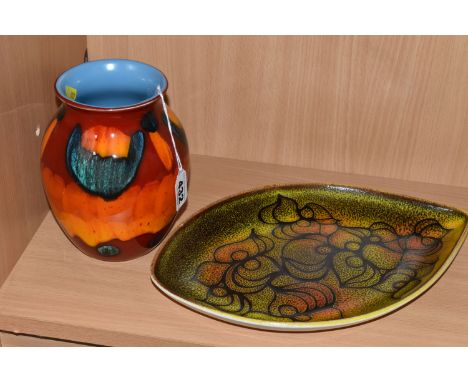 TWO PIECES OF MID 20TH CENTURY POOLE POTTERY, comprising a large classic Volcano design vase, height 17cm, together with tear