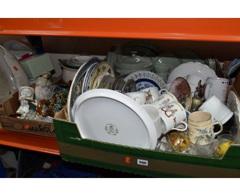 THREE BOXES AND LOOSE CERAMICS AND GLASS, to include a Cley Pottery vase, height 11cm, an enamel on copper cup decorated with