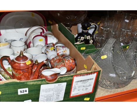 TWO BOXES AND LOOSE MIXED CERAMICS, GLASS AND METAL WARE, to include six reproduction Cavalier Plate Georgian goblets silver 