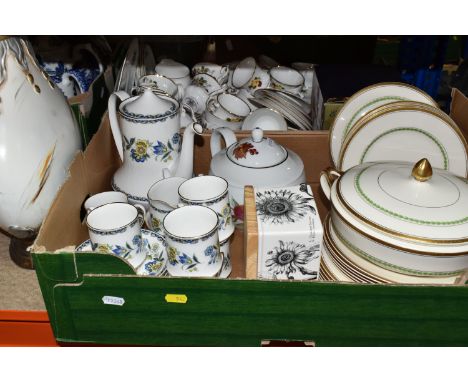 FOUR BOXES AND LOOSE CERAMIC KITCHENWARE AND ORNAMENTS to include a Royal Worcester Evesham Gold teapot with original box, a 