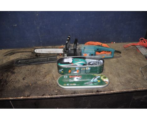 A MAKITA UC3001A ELECTRIC CHAINSAW and a cased Bosch Isio cordless shrub shears (both PAT pass and working)