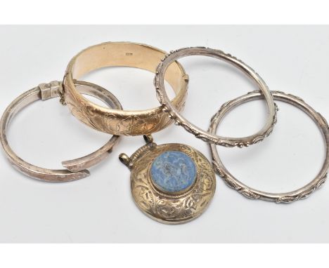 FOUR BANGLES AND A PENDANT, to include a silver foliate hinged bangle, fitted with a push piece clasp with additional safety 
