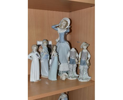 SIX LLADRO FIGURES, comprising Spring Breeze no 4936, sculptor Vincente Martinez, issued 1974-2005, two x Gone Fishing no 480