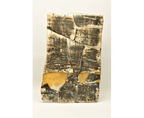 PETER HAYES (BRITISH 1946) A RAKU AND RESIN WALL PLAQUE, gold leaf accents to some resin panels, no visible signature, approx