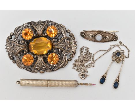 THREE ITEMS OF JEWELLERY AND A PROPELLING PENCIL, to include a 'Charles Horner' silver brooch set with a synthetic opal, fitt