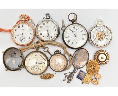 A SMALL PLASTIC TUB OF POCKET WATCHES AND JEWELLERY ITEMS, to include a silver open face, key wound pocket watch, round white