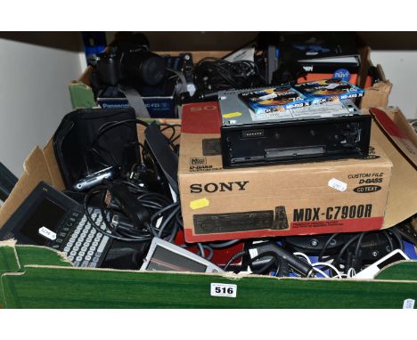 TWO BOXES OF CAMERAS AND ELECTRICAL ITEMS, to include a boxed iPhone 4, model A1387, an iPod model A1136, boxed Pentax Optio 
