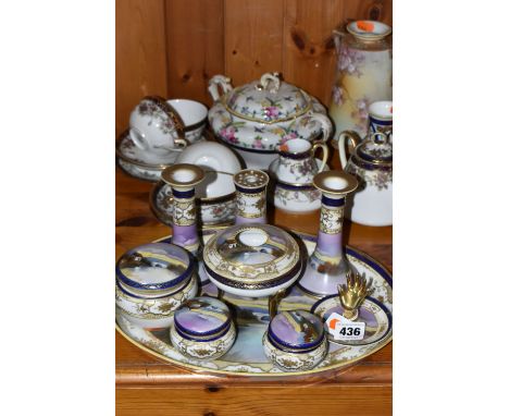 A HAND PAINTED NORITAKÉ DRESSING TABLE SET AND TEA WARE, comprising a nine piece dressing table set including tray, decorated