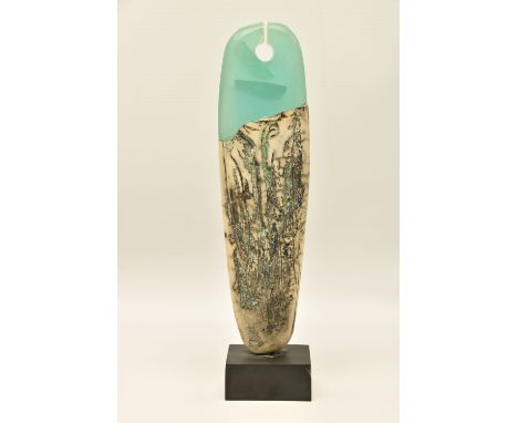 PETER HAYES (BRITISH 1946) A RAKU AND BLUE RESIN BOW STYLE SCULPTURE, signed and dated (20)03 to the black slate base, approx