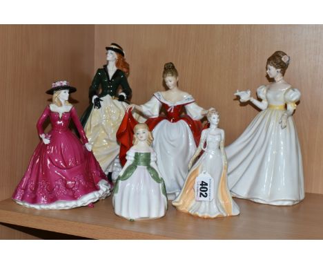 SIX FIGURINES, comprising Royal Doulton Kathleen HN3609, Sara HN2265 and Penny HN2338, Royal Worcester High Society: Royal En