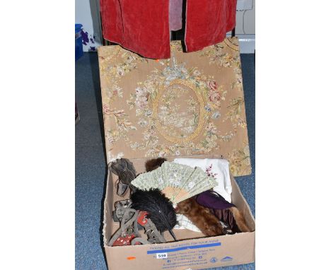 A BOX AND LOOSE VINTAGE CLOTHING, ACCESSORIES AND SUNDRY ITEMS, to include a red velvet cape, a piece of embroidery attached 