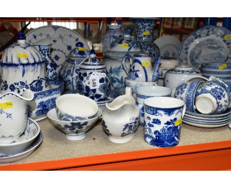 A LARGE GROUP OF BLUE AND WHITE POTTERY FROM VARIOUS NAMED MANUFACTURERS to include a Mason's Denmark meat plate, sauce boat 