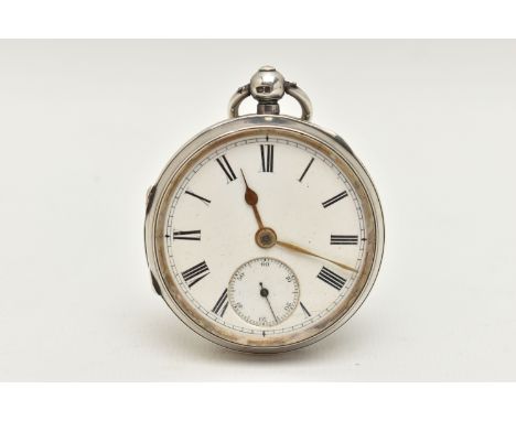 A LATE VICTORIAN SILVER OPEN FACE POCKET WATCH, key wound, round white dial, Roman numerals, subsidiary dial at the six o'clo