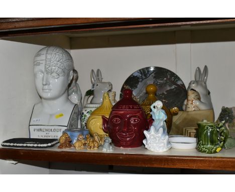 A COLLECTION OF NAMED CERAMICS, comprising a large Phrenology bust, transfer print 'Phrenology by L. N. Fowler', height 30cm,