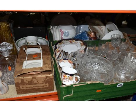 TWO BOXES AND LOOSE MIXED CERAMICS AND GLASS to include a Crown Bone China tea set comprising a cake plate, five tea cups, fi