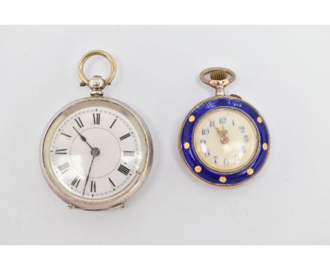 TWO LADIES POCKET WATCHES, the first a small manual wind watch, round Arabic numeral dial, blue guilloche enamel detailed bez