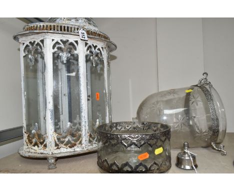 A LANTERN, A LIGHT SHADE AND A GLASS BOWL, comprising a metal framed lantern, height 60cm x width 36cm x depth 26cm, a glass 