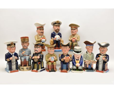 TEN WILKINSON 'ALLIED COMMANDER' TOBY JUGS, comprising King George V holding a globe, he is the tallest at approximately 31.5