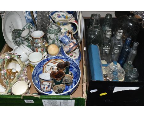 TWO BOXES OF CERAMICS AND GLASSWARE, to include a pair of small Doulton Lambeth vases, height 11cm, nineteenth century tea wa
