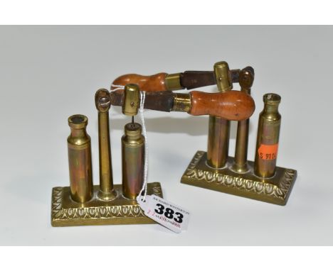 TWO BRASS CARTRIDGE RELOADING TOOLS, two 12 bore recapper and expeller, impressed number 16, natural beech wood handles (2) (