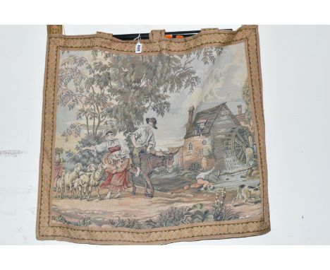 A WALL HANGING AND THREE FIRE SCREENS, comprising a wall hanging tapestry depicting a Continental/ possibly French farming sc