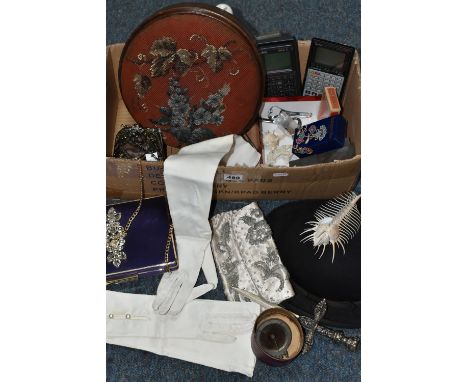 A BOX CONTAINING A FOOTSTOOL, EVENING BAGS AND MISCELLANEOUS ITEMS, to include a circular beaded footstool with inlaid bandin