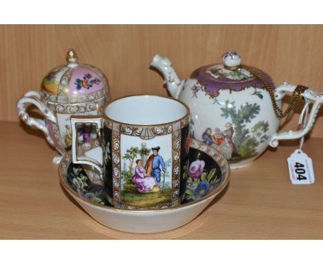 A SMALL GROUP OF EIGHTEENTH CENTURY AND LATER PORCELAIN, comprising an eighteenth century teapot, painted with scenes of figu