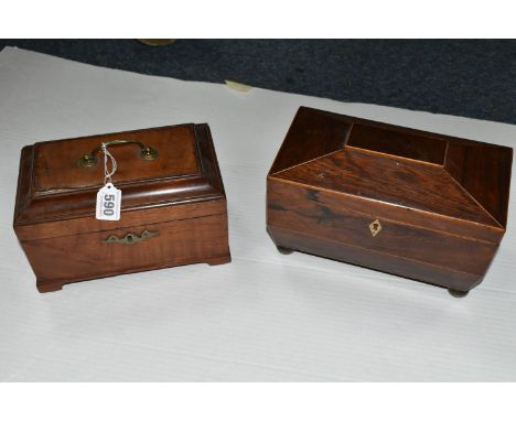 TWO 19TH CENTURY TEA CADDIES, comprising a Regency period sarcophagus form rosewood tea caddy with two lidded sections for te