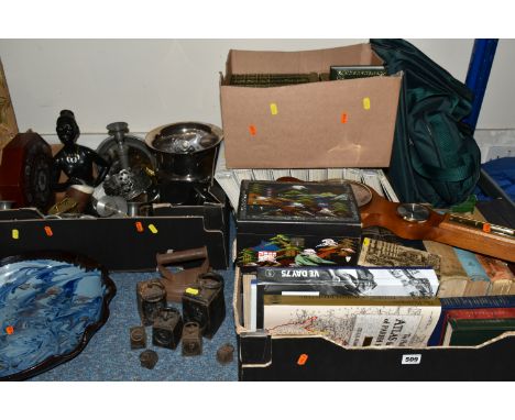 FOUR BOXES AND LOOSE METALWARE, BOOKS AND SUNDRY ITEMS, to include a black japanned musical jewellery box, seven weights, ran