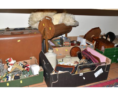 FIVE BOXES AND LOOSE MISCELLANEOUS SUNDRIES, comprising a model ship, two stoneware footwarmers, vintage tins, vintage button