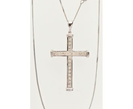 A 9CT WHITE GOLD, DIAMOND CROSS PENDANT NECKLACE, the cross set with single cut diamonds, fitted with a tapered bail, hallmar