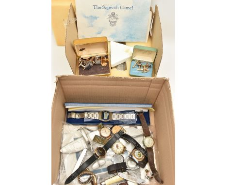 A BOX OF ASSORTED ITEMS, to include a selection of wristwatches, names to include Tosca, Chancellor, Fero, Mentor, Relide, Sm
