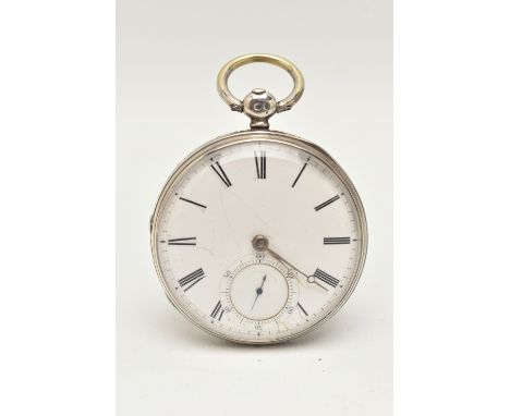 A VICTORIAN SILVER OPEN FACE POCKET WATCH, key wound, round white Roman numeral dial, subsidiary dial at the six o'clock posi