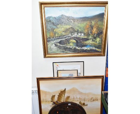 PICTURES AND A CHINESE FOLDING TABLE, comprising a landscape with a river flowing under a bridge, indistinctly signed oil on 