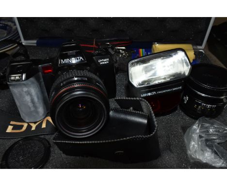 AN JESSOP ALUMINIUM FLIGHT CASE AND A MINOLTA DYNAX 7000I CAMERA, together with a Minolta Program 3200i flash gun, a Minolta 