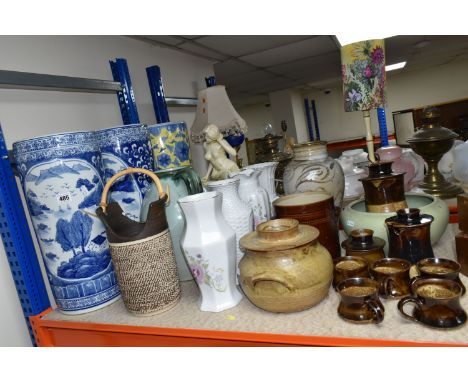 A GROUP OF CERAMICS, to include three modern stick stands in oriental style, height 43.5cm, a studio pottery coffee set, a re