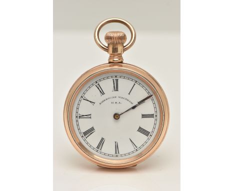 A GOLD PLATED OPEN FACE POCKET WATCH, manual wind watch, round white dial signed 'American Waltham, U.S.A', blue steel hands,