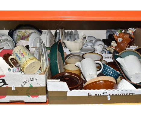 FOUR BOXES OF MIXED CERAMICS to include a quantity of kitchen stoneware, assorted tableware from named manufacturers comprisi
