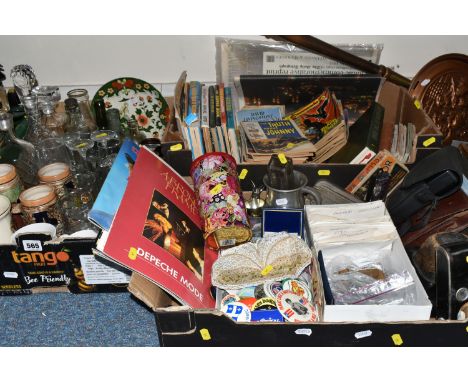 THREE BOXES AND LOOSE MISCELLANEOUS, to include a wooden fire guard with floral tapestry, copper bed pan, box of loose coins 