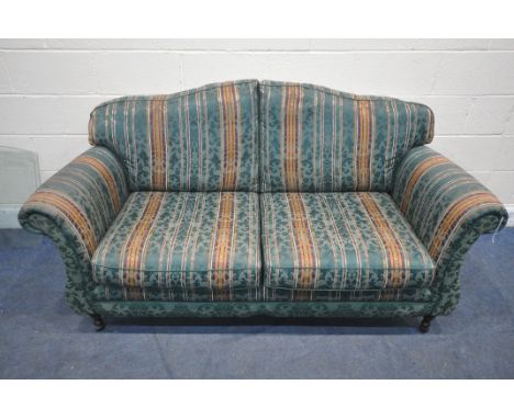 A GREEN STRIPPED UPHOLSTERED TWO SEATER SOFA, length 181cm x depth 95cm x height 83cm (condition report: general signs of wea