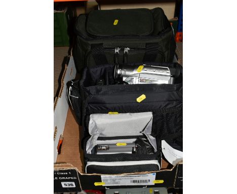 ONE BOX OF CAMCORDERS AND ACCESSORIES, to include a JVC Everio camcorder with battery in a carry case, Panasonic NV-DS27 mini