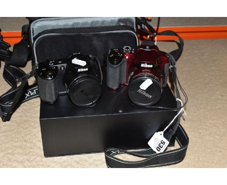 TWO NIKON BRIDGE CAMERAS, comprising a red Coolpix P510, 16 megapixels, with battery charger and instructions and a Coolpix L