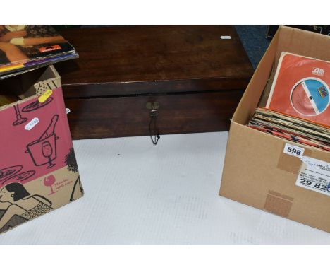 TWO BOXES AND LOOSE L.P AND SINGLE RECORDS, together with a mahogany writing slope, width 45cm x depth 24.5cm and height 15cm