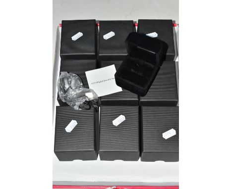 NINE LCD DIGITAL JEWELLERY RING BOXES, with instructions manual and USB cables, each with outer black boxes (condition report