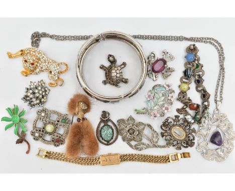 A BAG OF ASSORTED COSTUME JEWELLERY, to include a large hinged bangle, a mink fur brooch in the form of a poodle, a ladies 'S