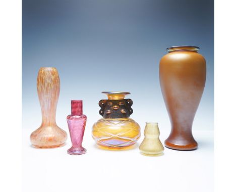 A striking collection of five art glass vases, each showcasing a unique blend of craftsmanship and color. This grouping featu